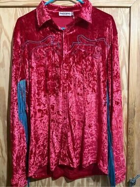 Ranch Design Red Velvet Button-Down Shirt with Blue Fringe